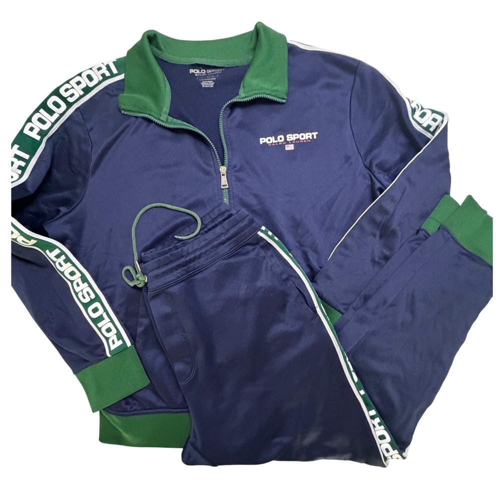 Polo Sport Ralph Lauren Tracksuit Navy Green Logo Tape Jacket Pants Mens L Flaws